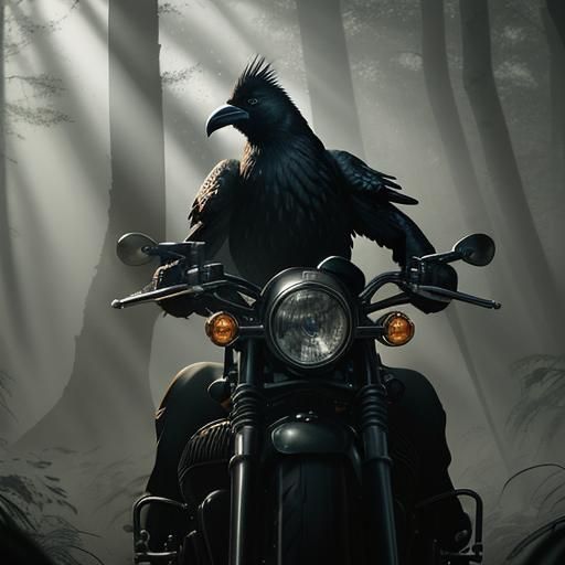 Crow Flies Above Motorcycle Rider in Forest