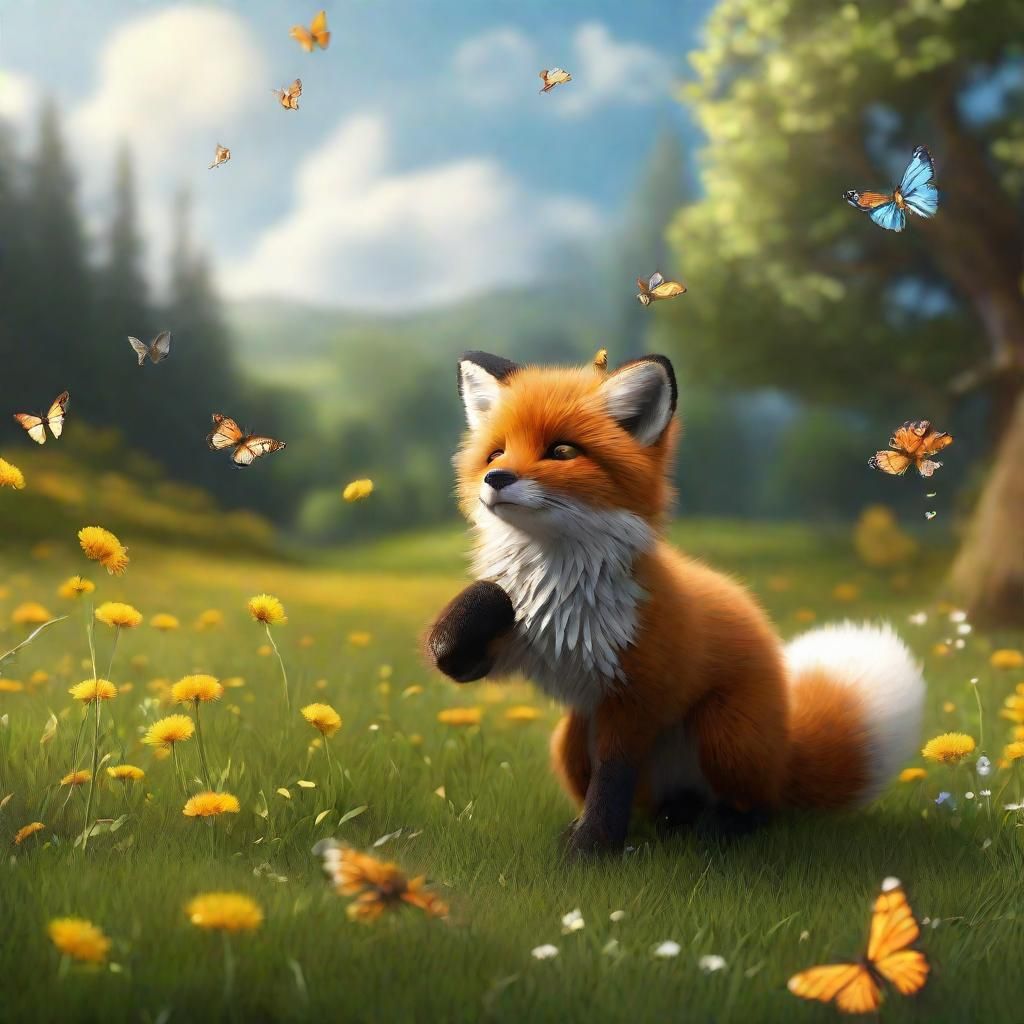 Baby Fox and Butterfly in Dandelion Meadow