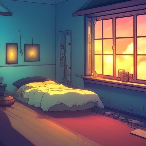 Magical Nighttime Bedroom in Anime Style