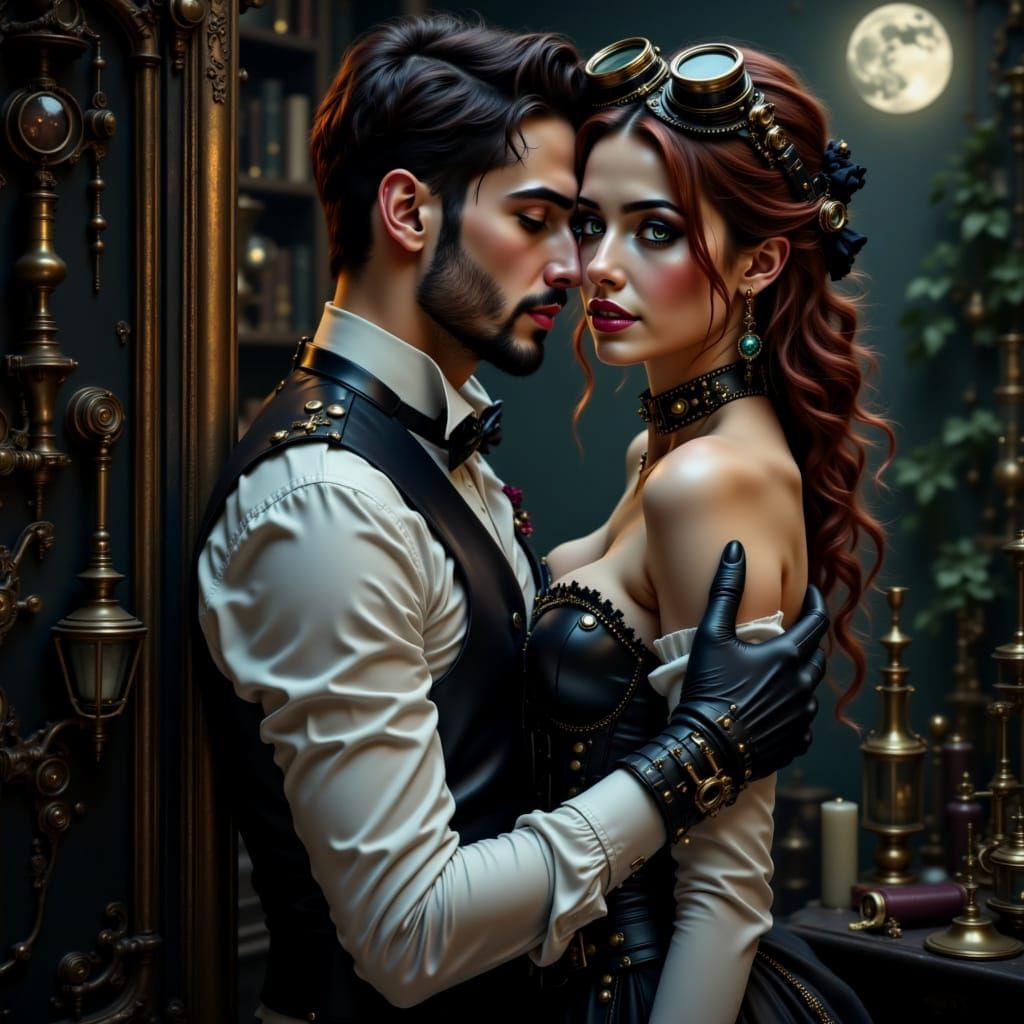 Steampunk Couple Embracing Under Full Moon