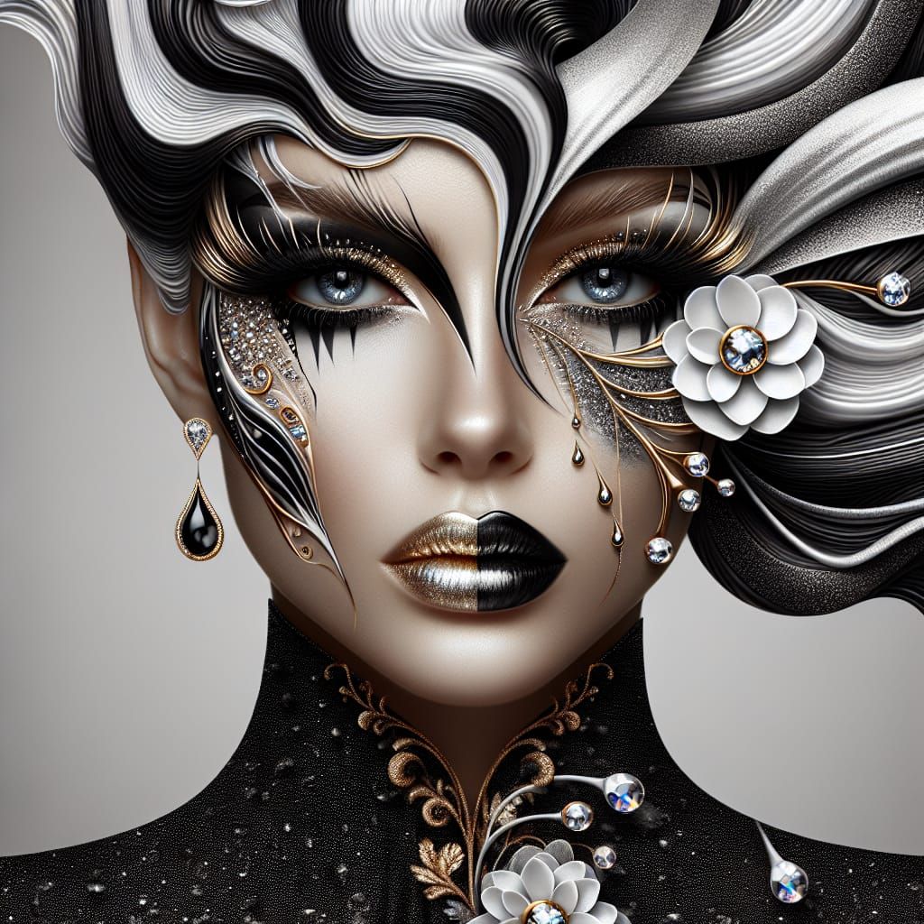 Elegant Bust-Length Portrait in Black and White with Gold Ac...