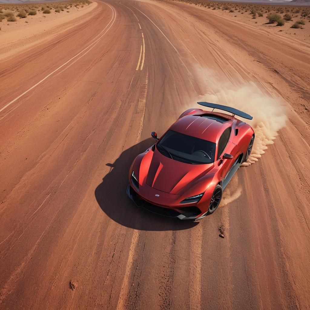 Red Sports Car on Desert Highway: 3D Rendering
