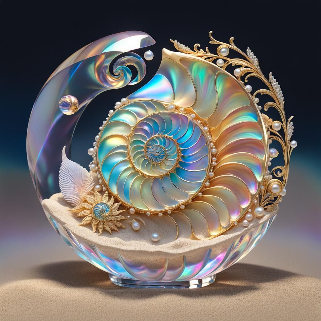Nautilus Shell Crystal Sculpture with Gold Filigree
