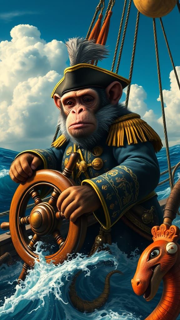Monkey Captain Navigates Majestic Galleon Through Stormy Sea...
