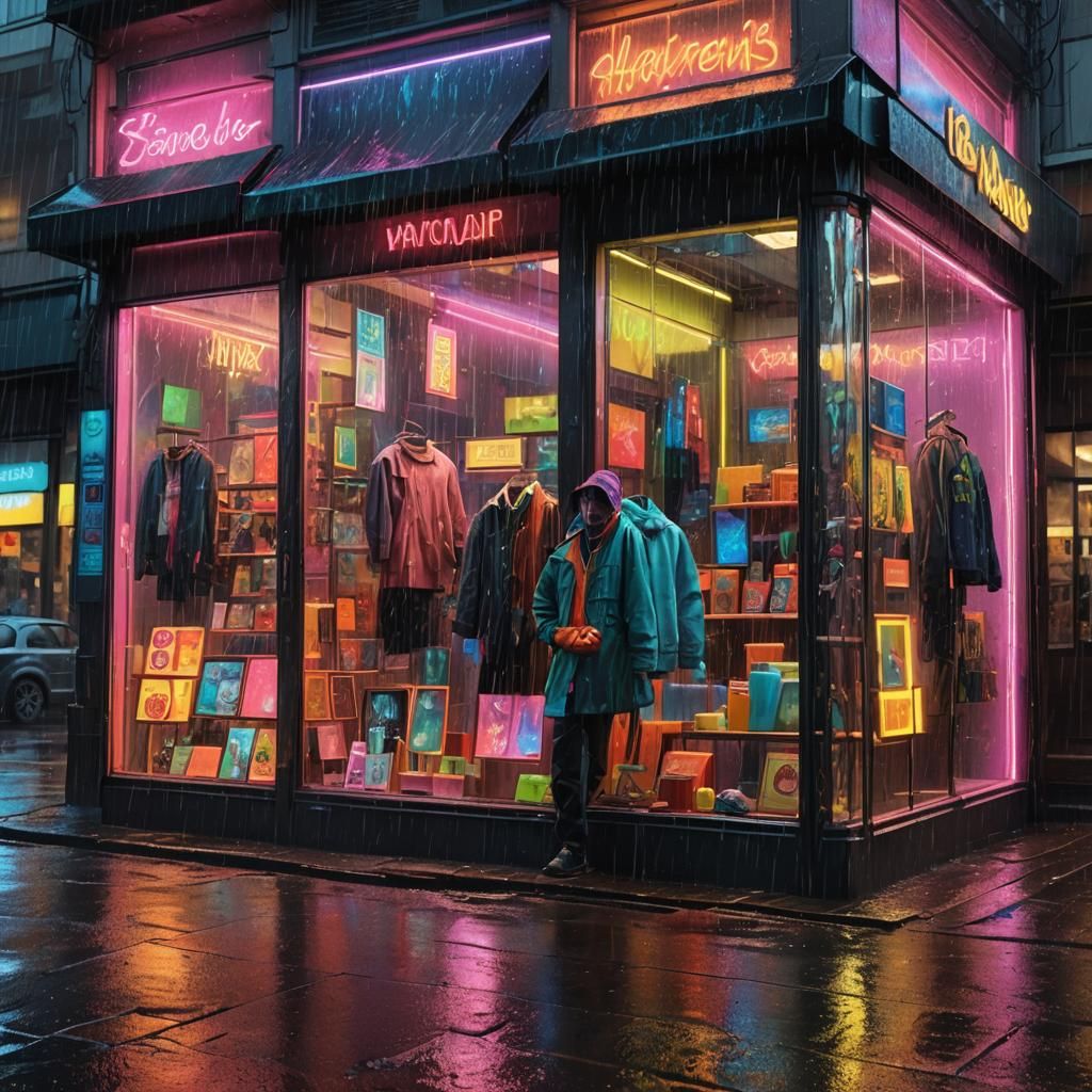 Neon Shop Window in Rain: Photorealistic 8K