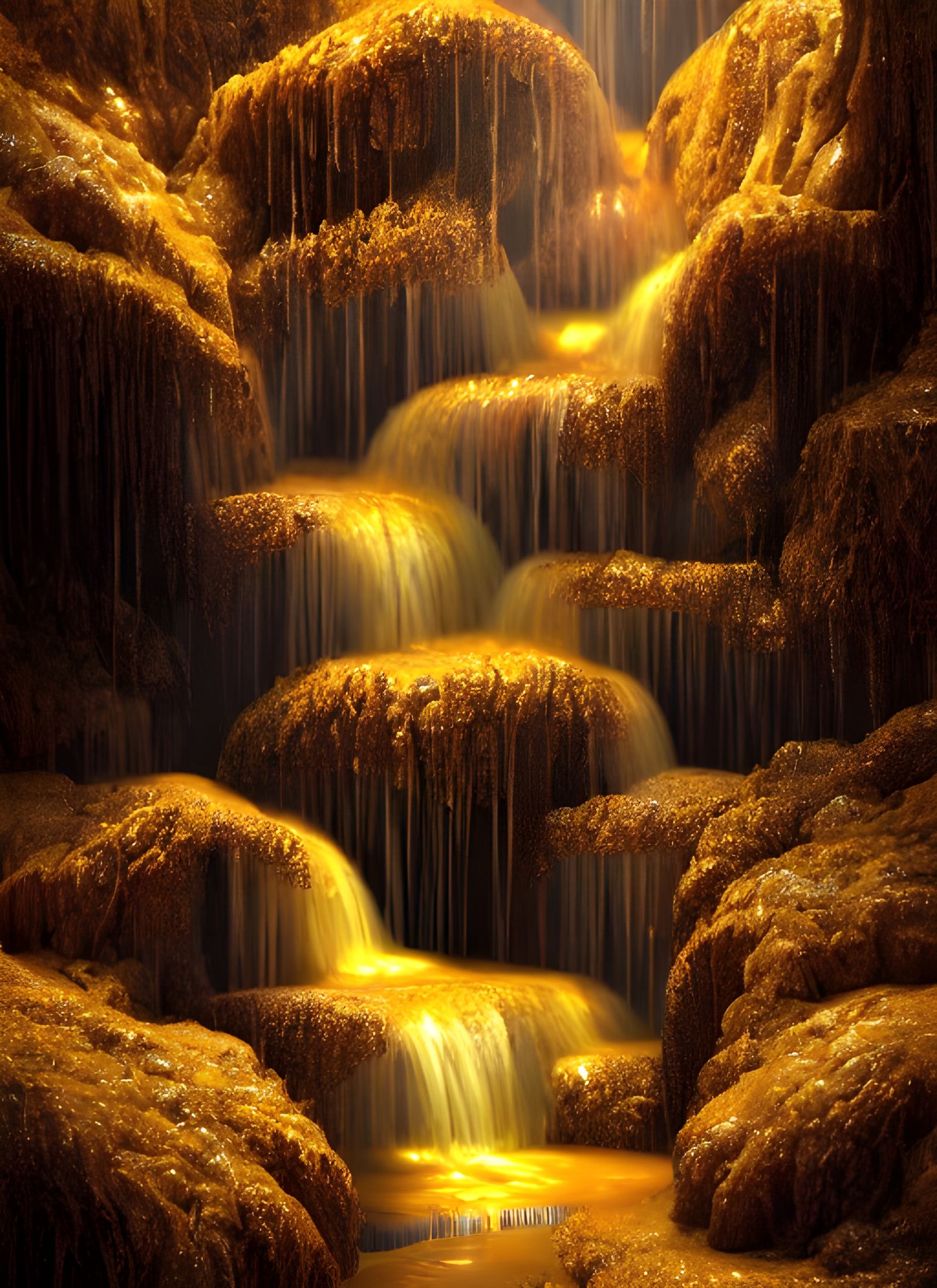Golden Honeyfall at Night in Hyperrealistic Style
