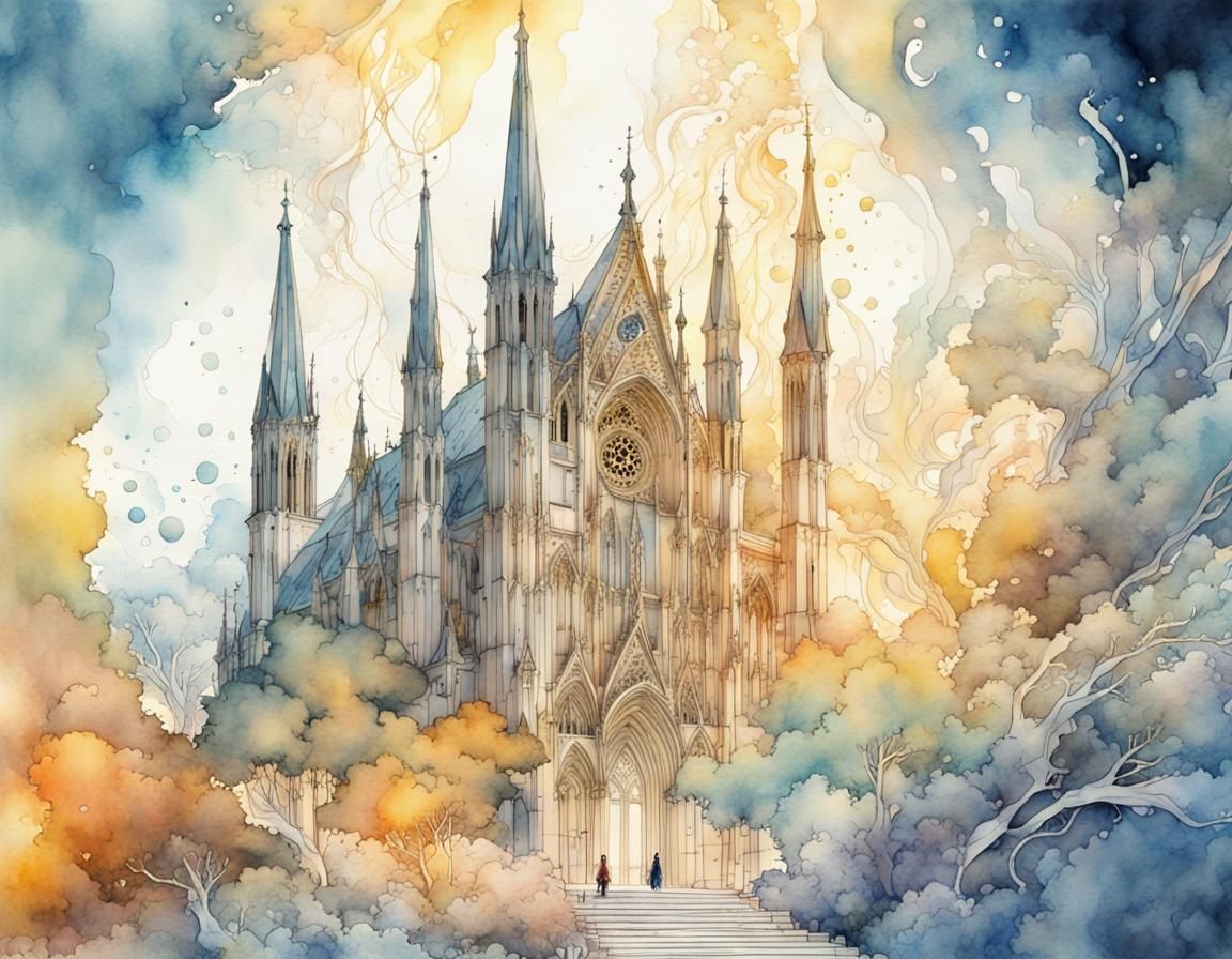 Surreal Cathedral in Watercolor Ink Splash Art