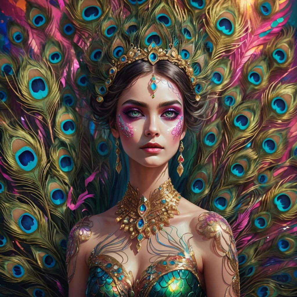 Fantasy Woman with Peacock Feathers: Vivid Digital Art