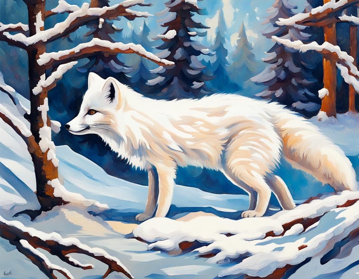 Arctic Fox in Winter Wonderland Gouache Painting