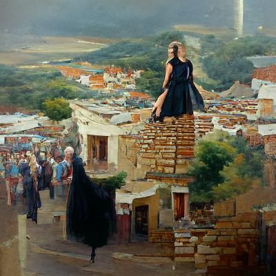 Woman Over Town in Black Dress, Oil Painting