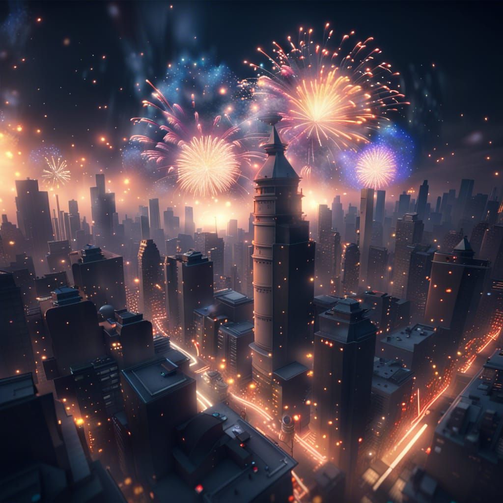 Pokemon-Themed Fireworks Over a Densely Populated City