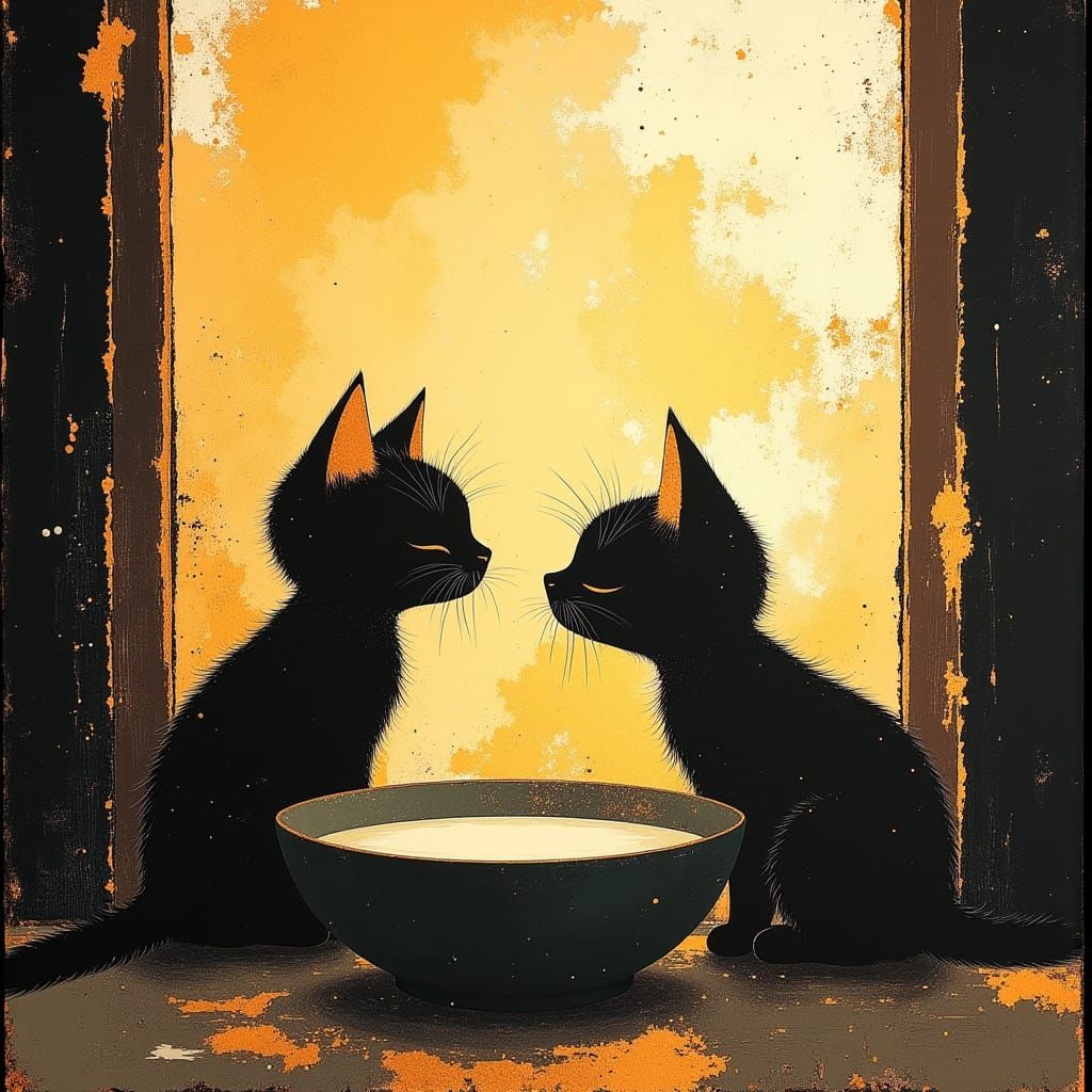 Whimsical Kittens Gather Around Antique Milk Bowl in Dreamli...