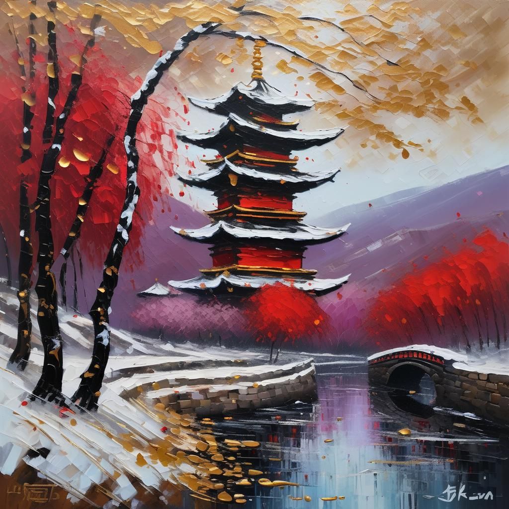 Winter Plum and Pagoda Acrylic Painting