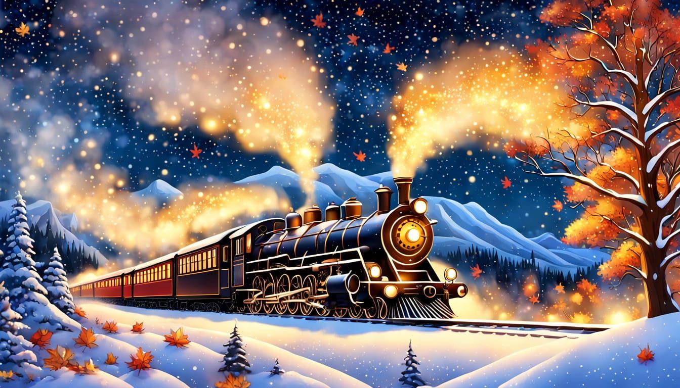 Ethereal Steam Train Blazes Through Celestial Night