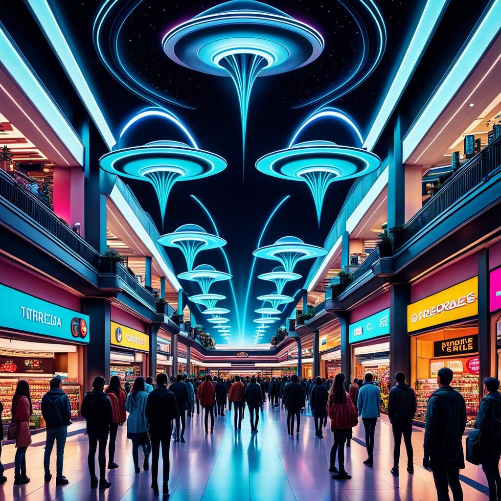 Extraterrestrials Visit Crowded Mall in Digital Art