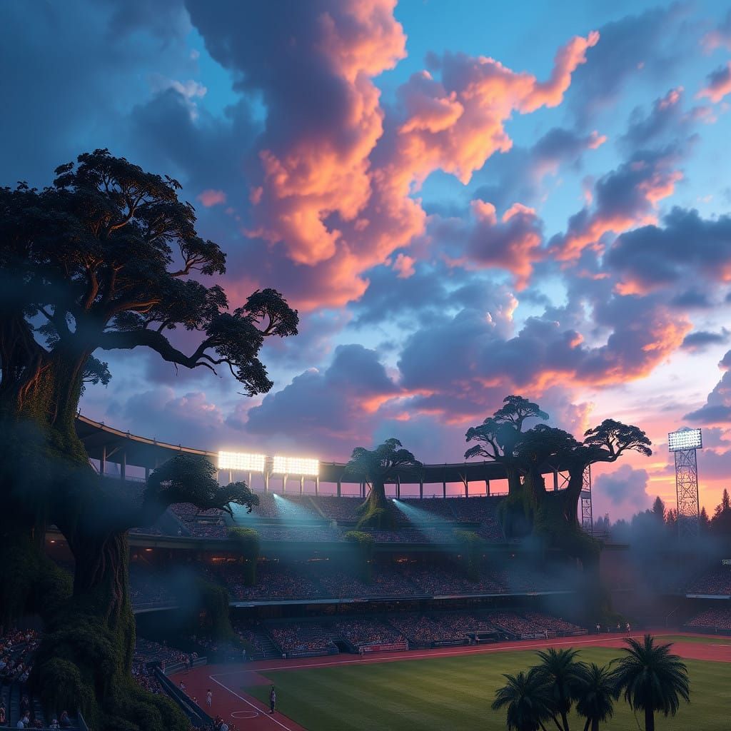 Ethereal Baseball Stadium at Dusk