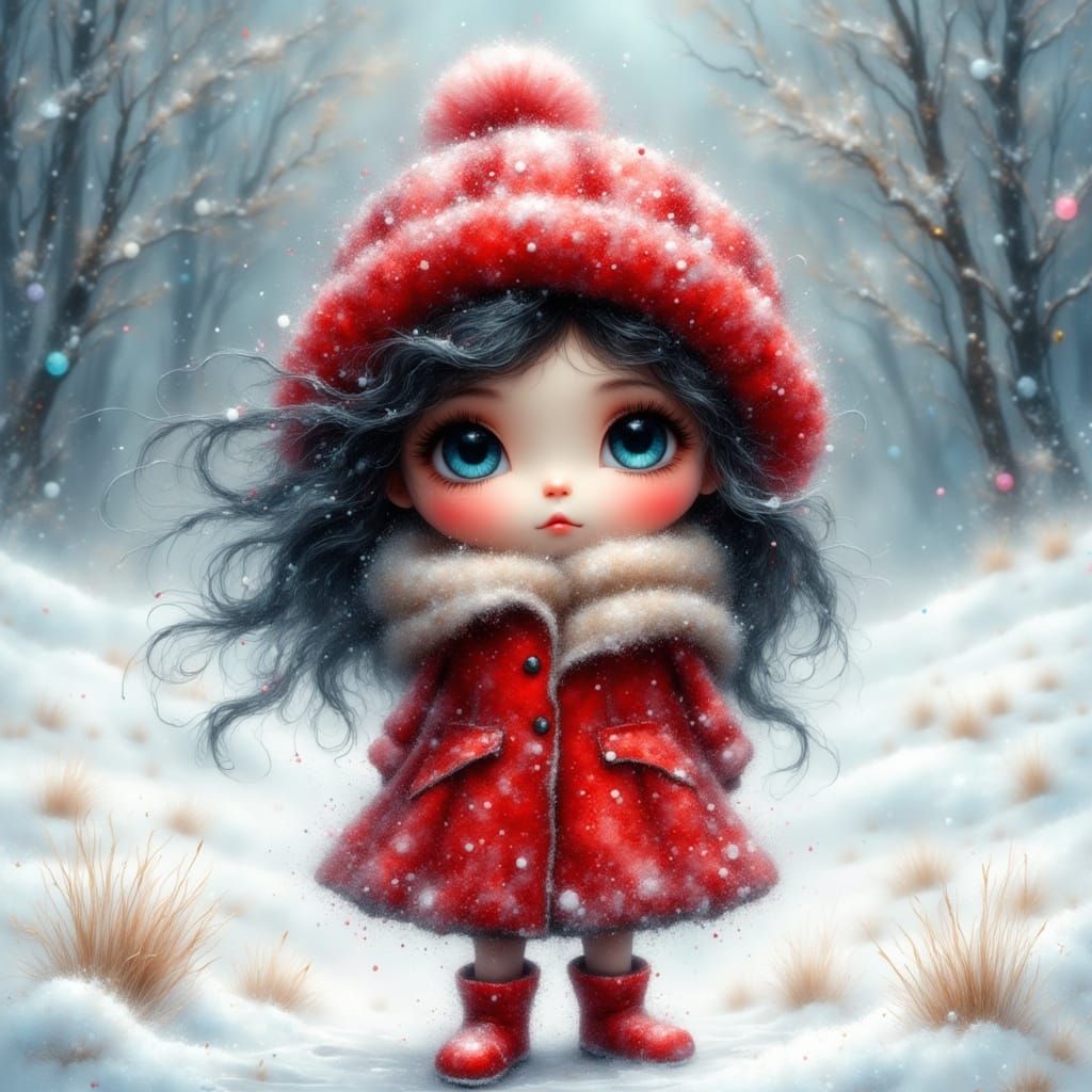 Girl in Red Hat and Boots in Snowy Field