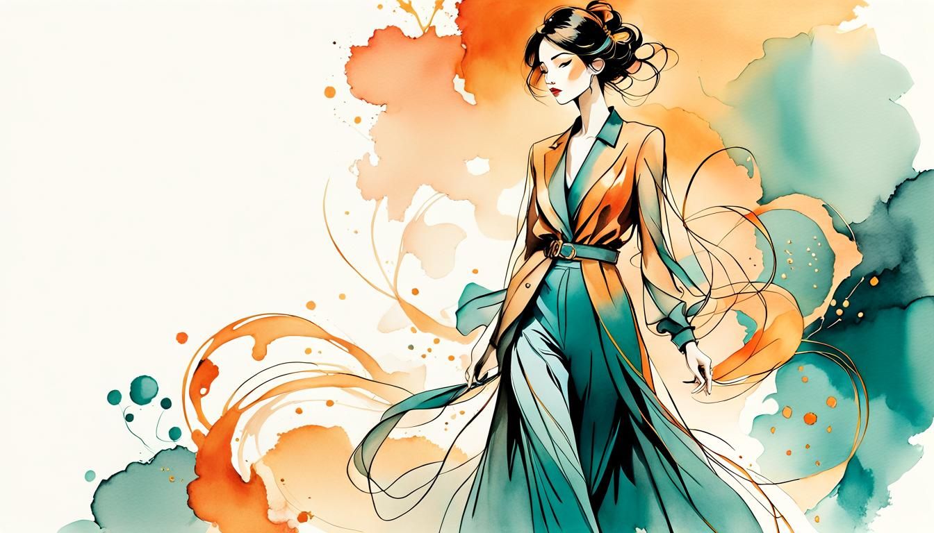 Japanese Woman in Eccentric Pose, Fashion Sketch Style