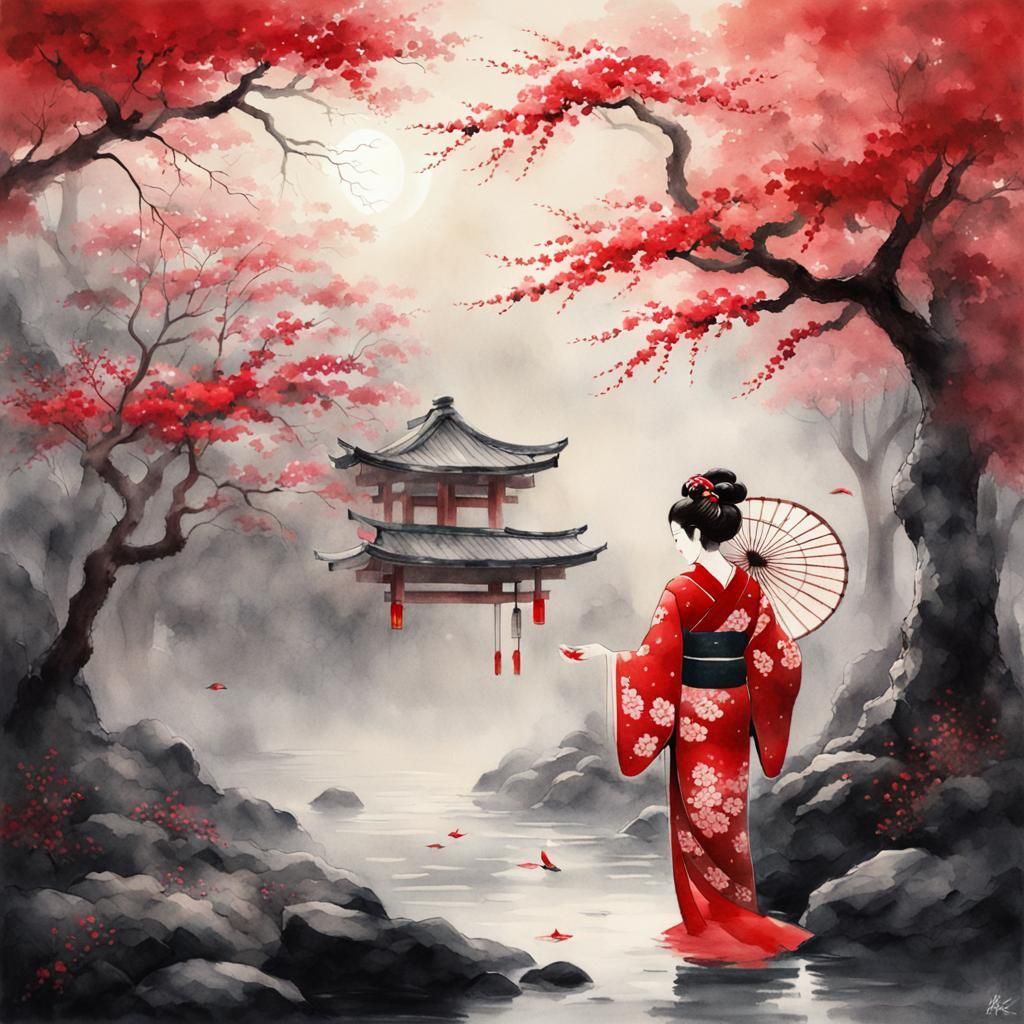 Serene Geisha in Misty Forest: Japanese Ink Wash Art