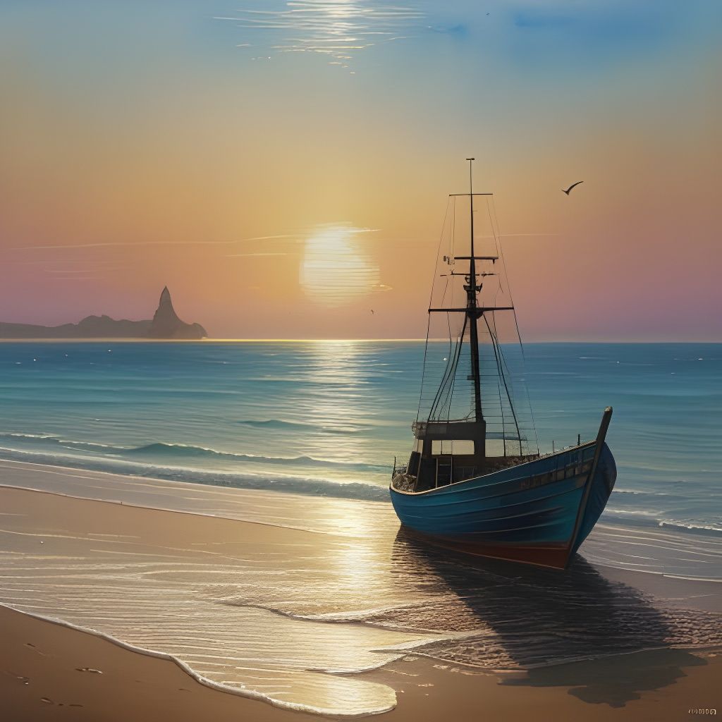 Golden Rainbow Sunset Silhouette With Fishing Boat