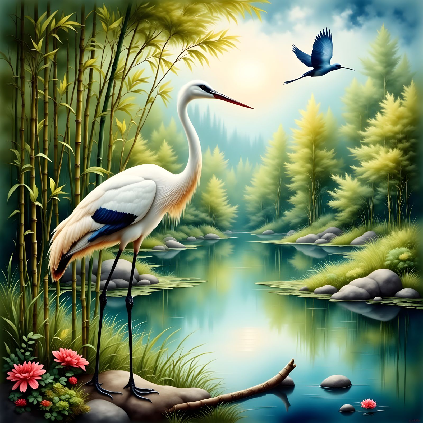 Crane and Bluebird in Lush Watercolor Garden
