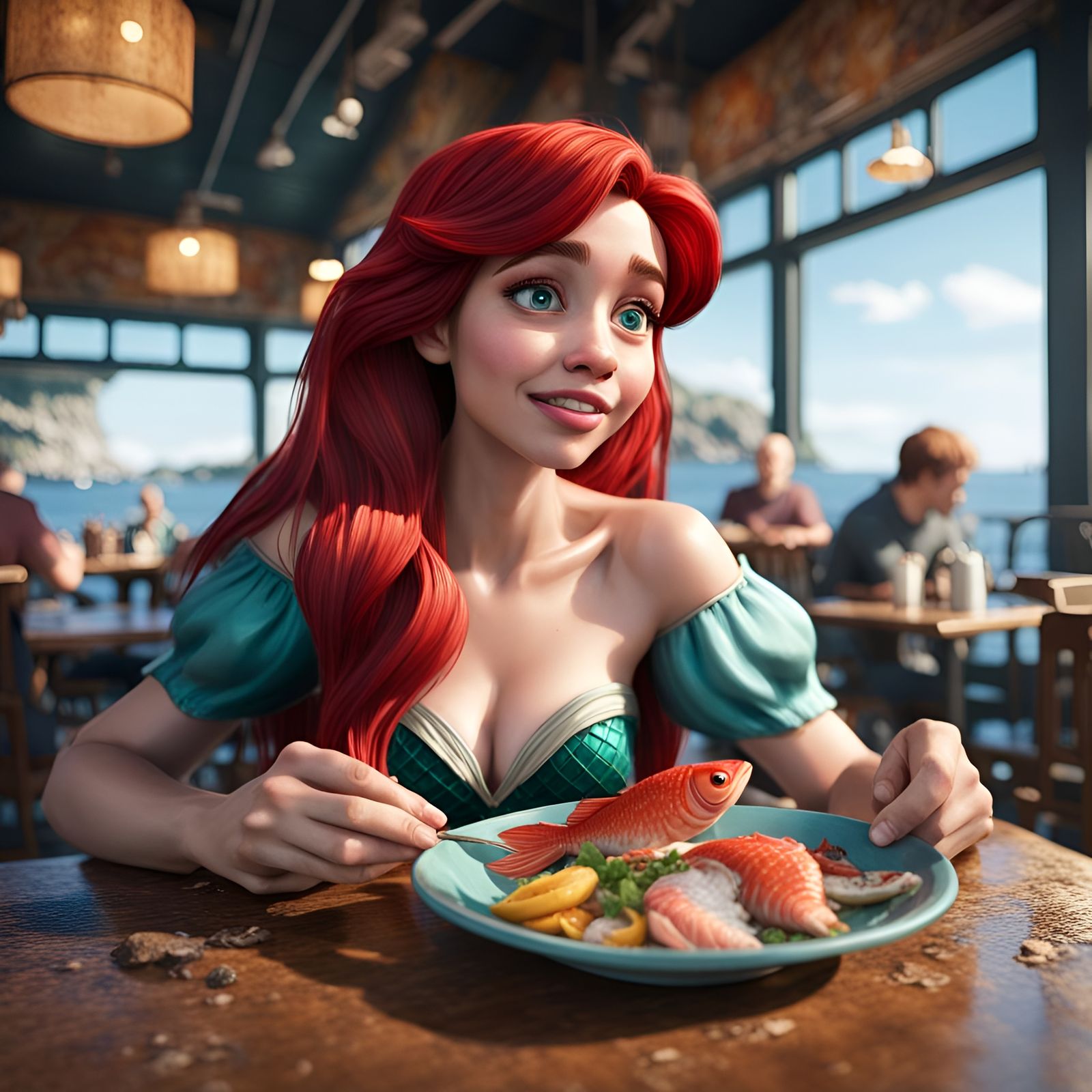 Hyperrealistic Ariel at Cafe by Waterfront