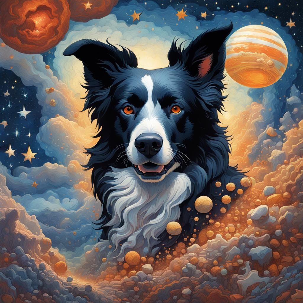 Border Collie Dog in Starry Sky, Digital Art