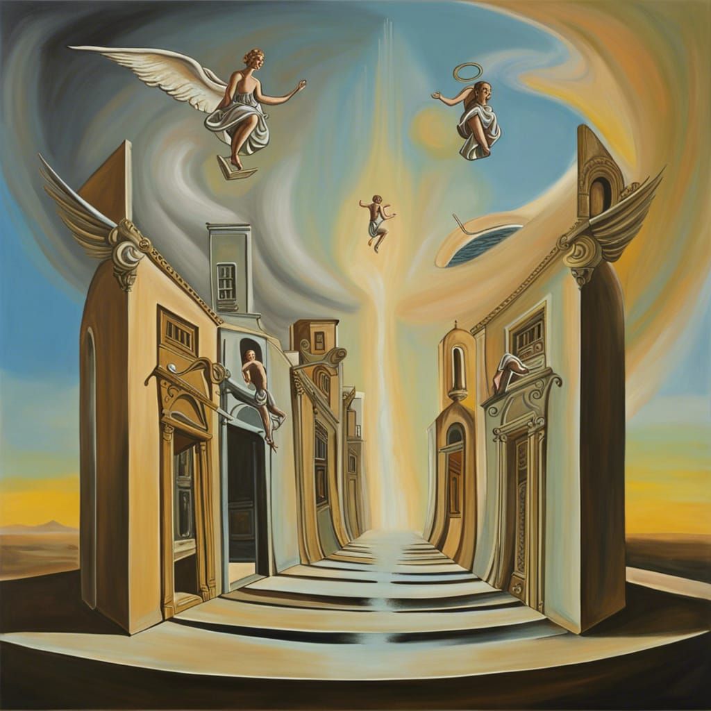 Angels in Infinite Architecture: Surreal Oil Painting