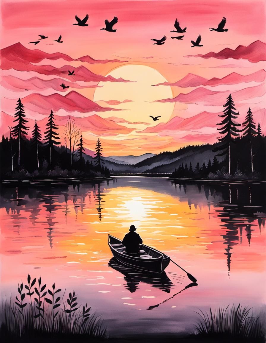 Sunset Over Lake: Serene Gouache Painting with Boat