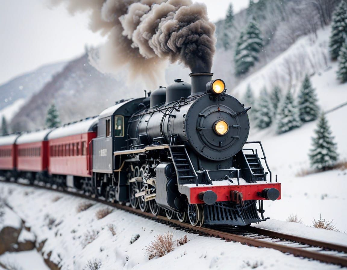 Winter Steam Train with Christmas Decor in Snowy Hills