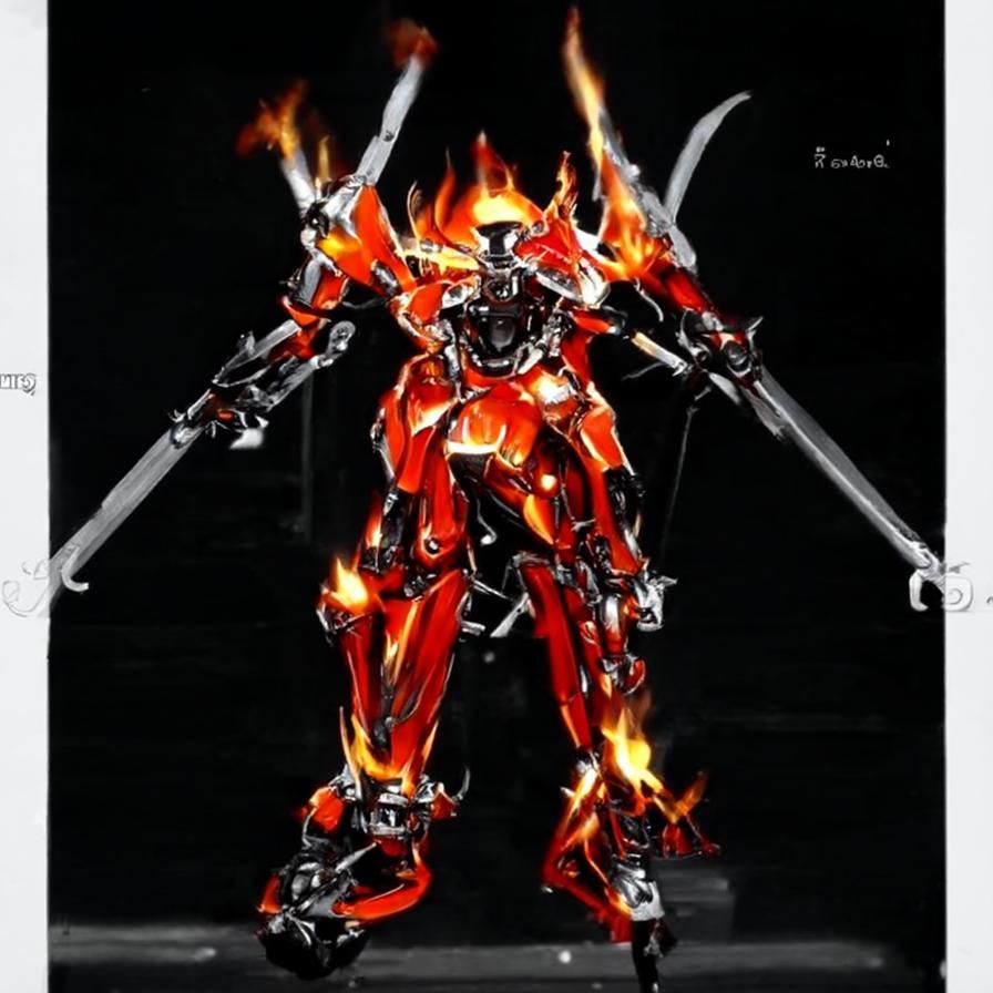 Fiery Anime Robot Warrior with Flaming Swords