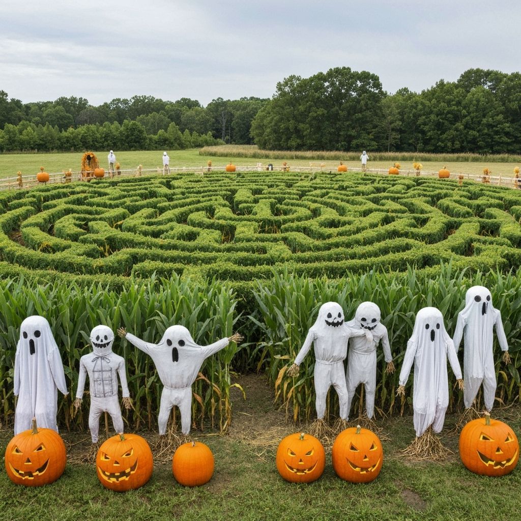 Haunted Corn Maze With Ghostly Scarecrows and Pumpkins
