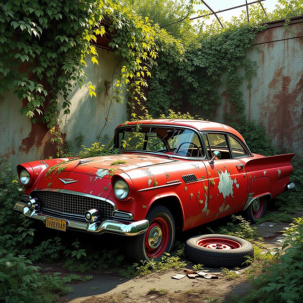 Abandoned Classic Car Overgrown with Vines: Hyperrealistic D...