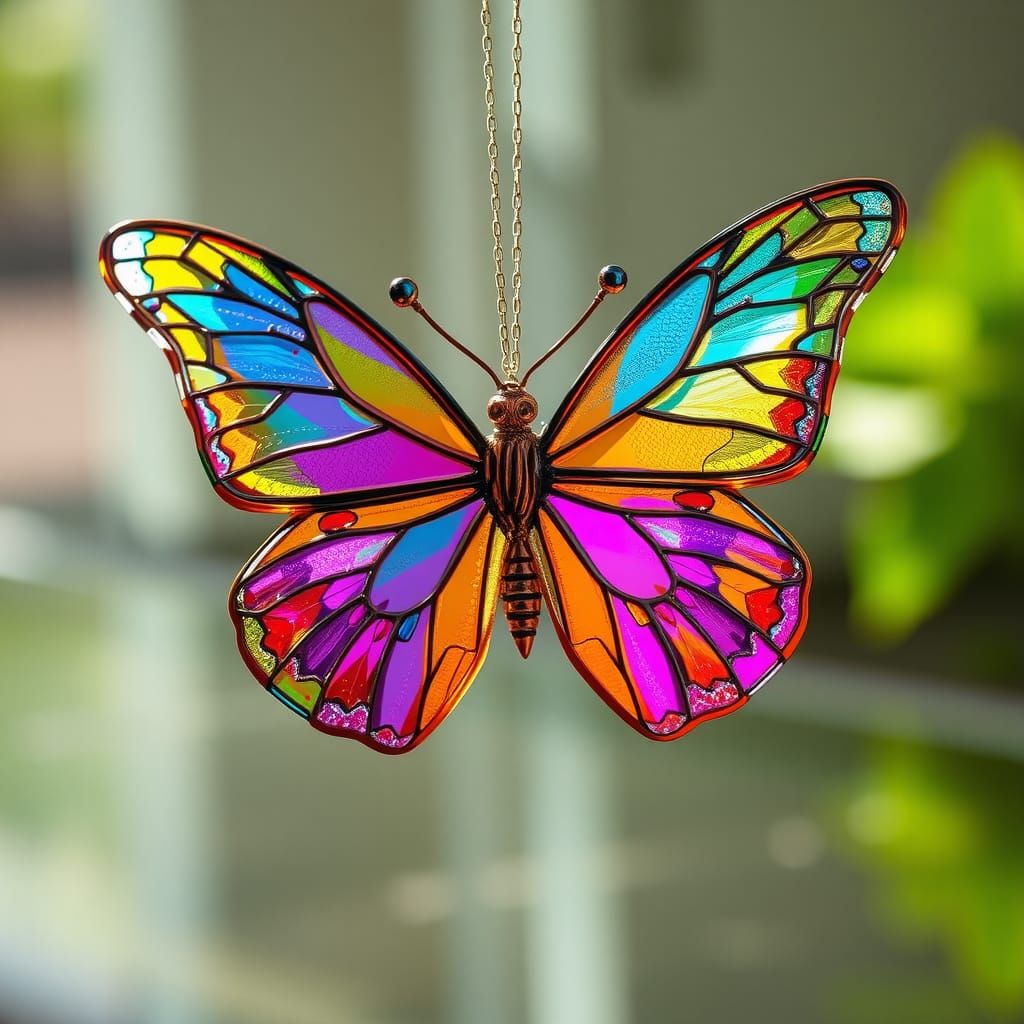 Iridescent Stained Glass Butterfly Refracting Rainbow Sunlig...