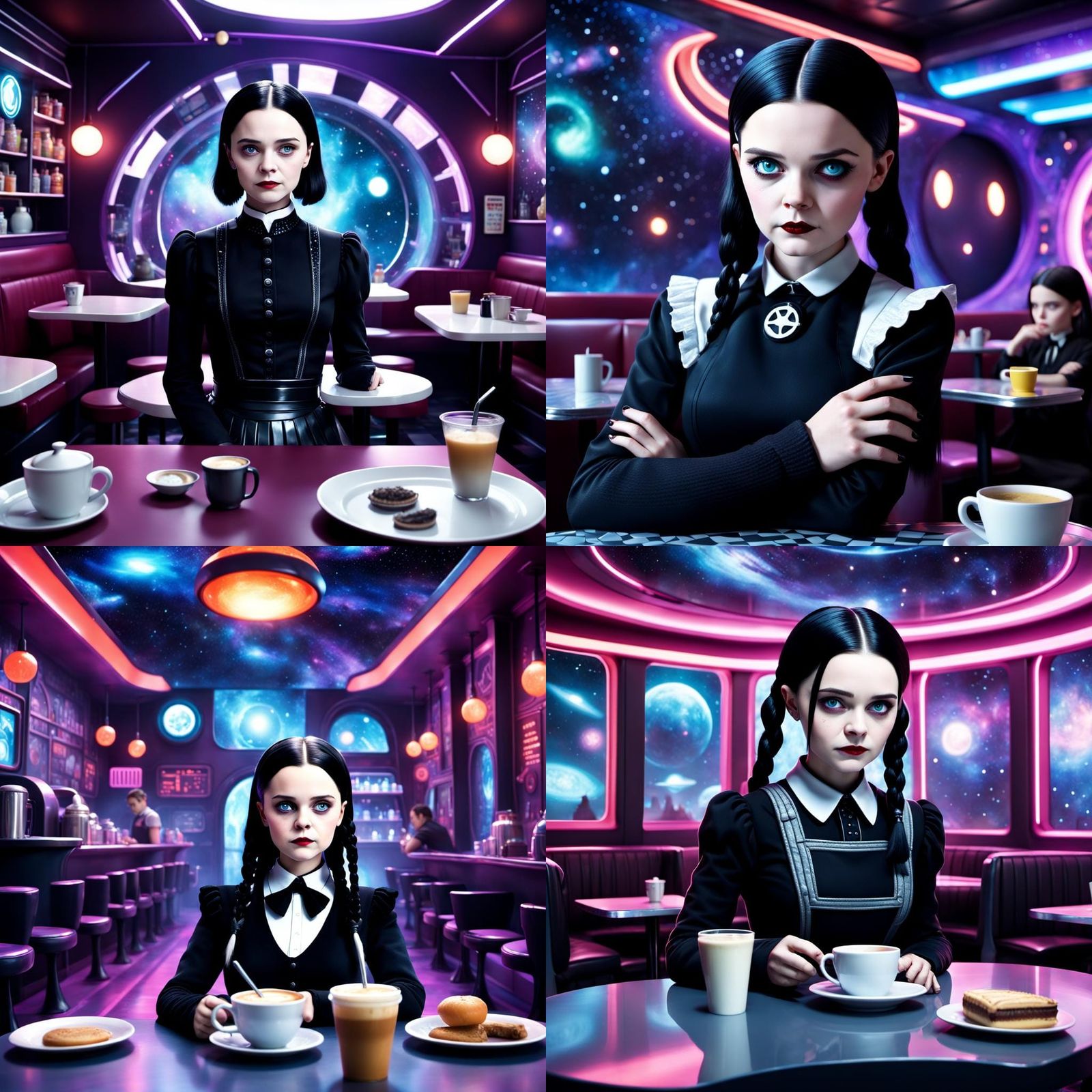 Wednesday Addams in Futuristic Cafe with Galaxy