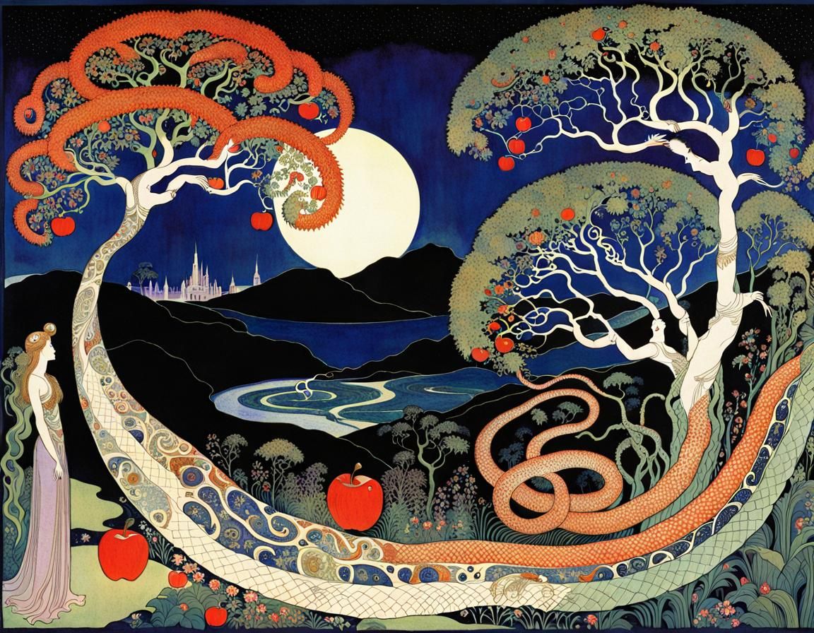 Adam and Eve in Eden: Art Nouveau Illustration