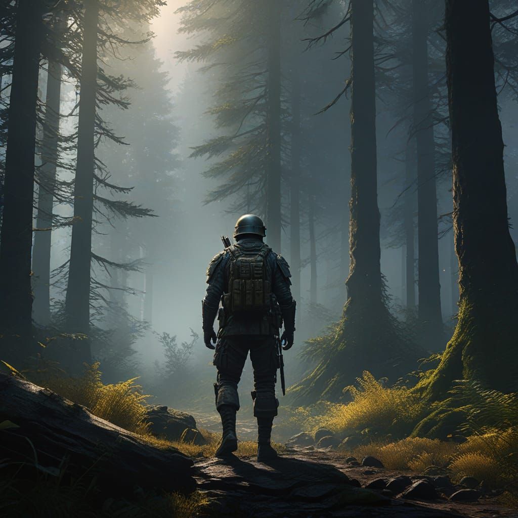 Fantasy Soldier in Misty Forest with Golden Light