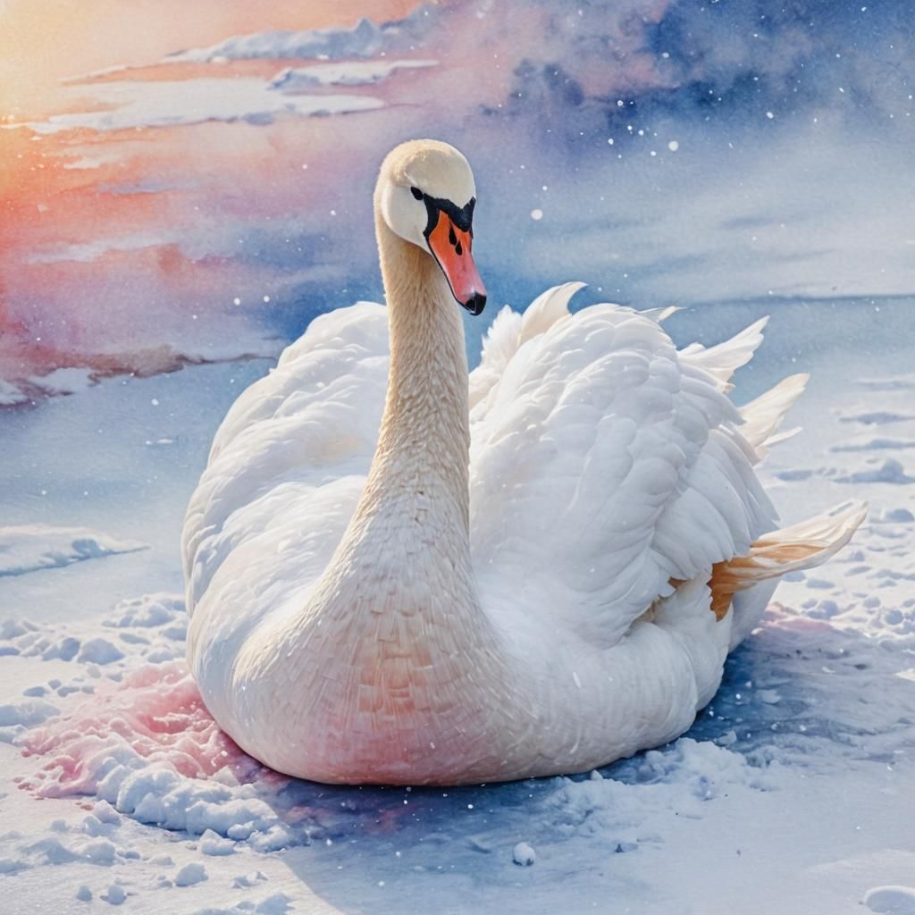 Swan in Winter Sunrise: Splash Art Painting