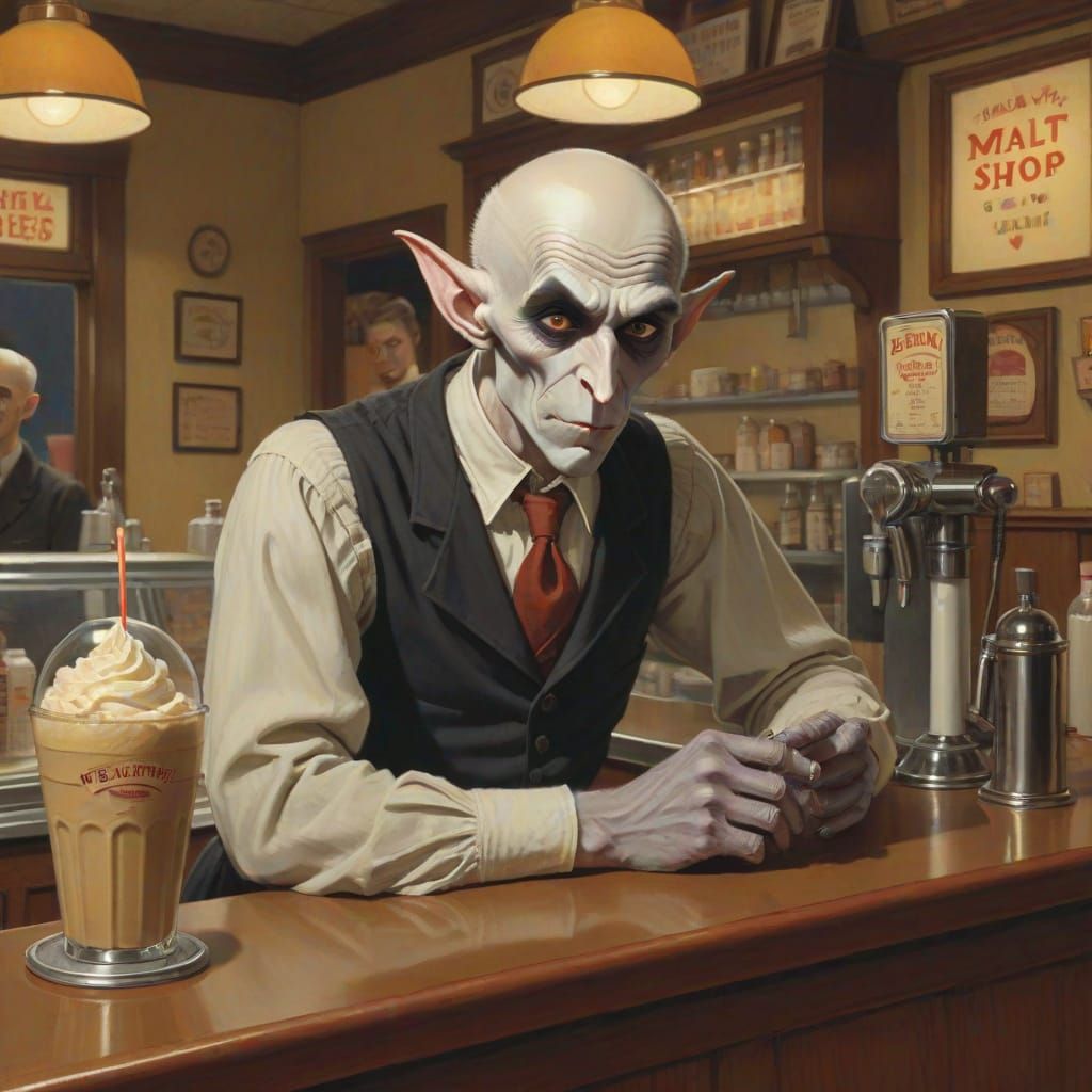 Nosferatu Working at a 1950s Malt Shop in Norman Rockwell St...