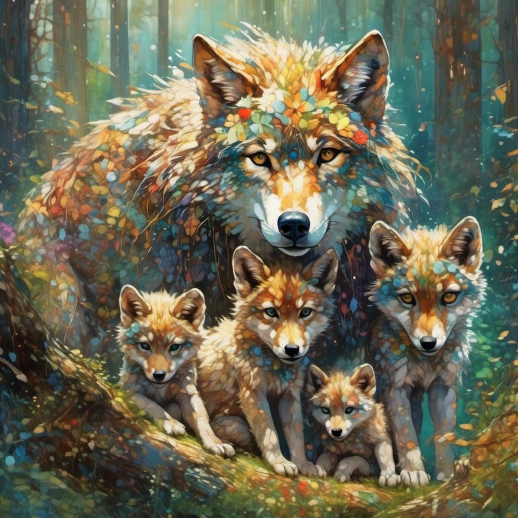 Mother Wolf and Cubs in Ghibli Style