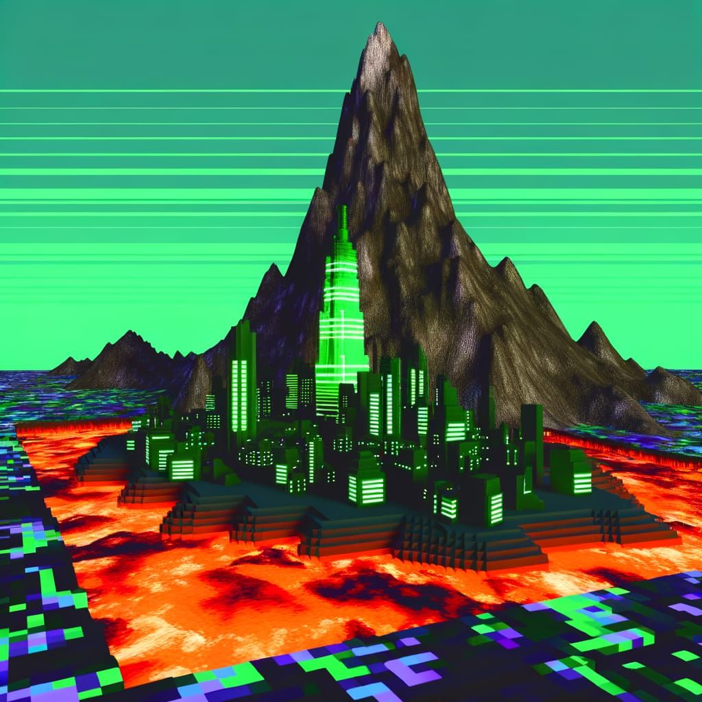 8-Bit Futuristic Cityscape on a Lava Island