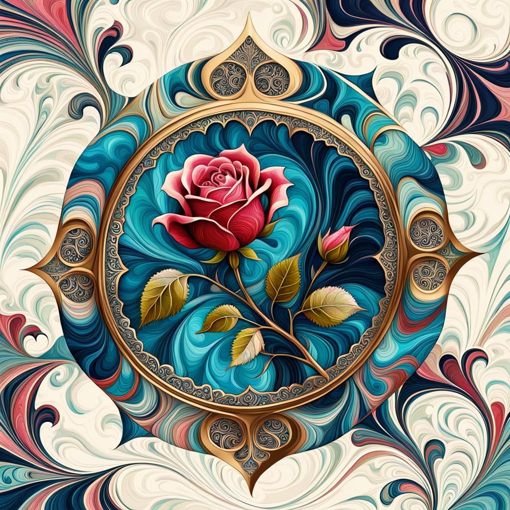 Ottoman Miniature Rose Bud with Marbling Background