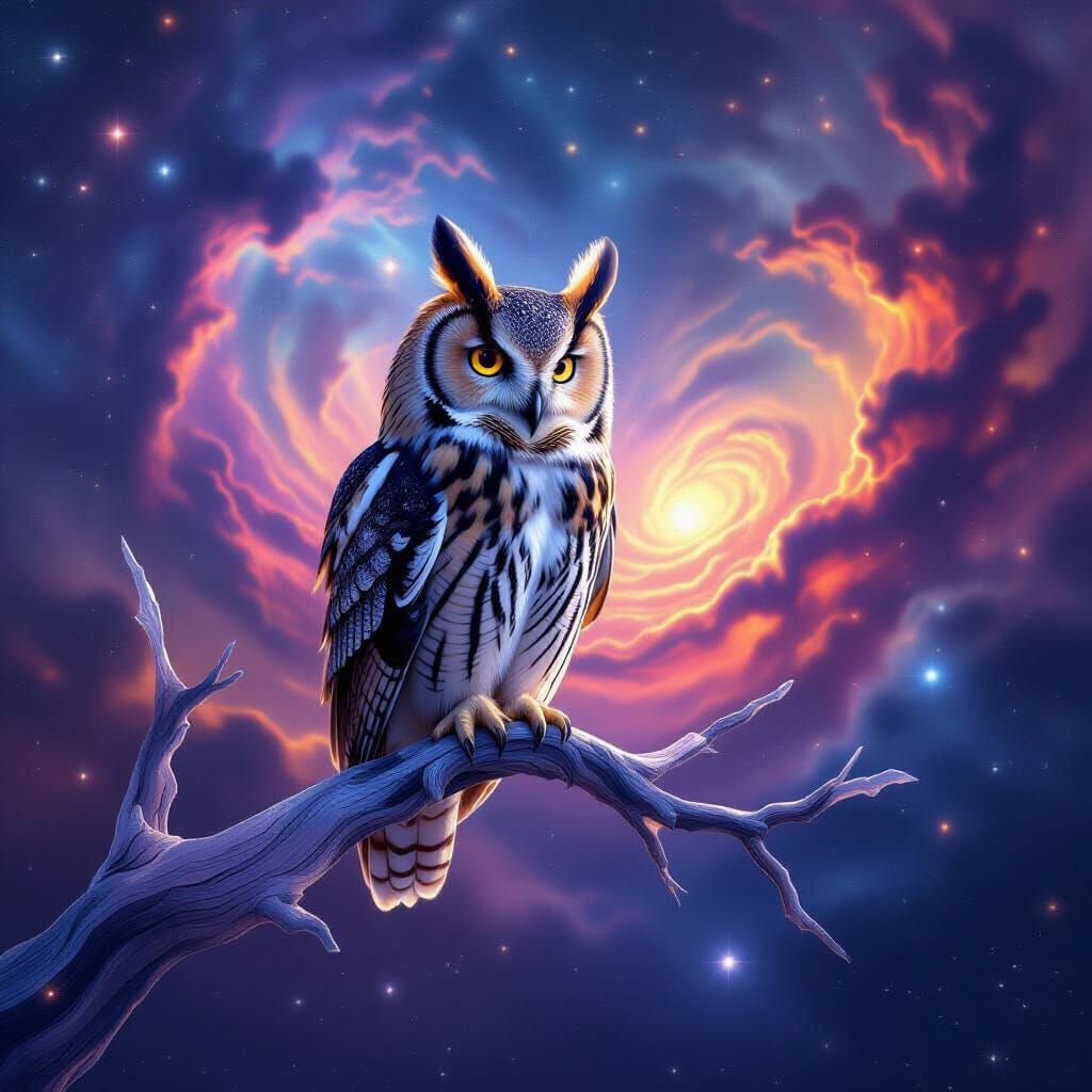 Ancient Owl on Crystal Branch Amidst Cosmic Nebula