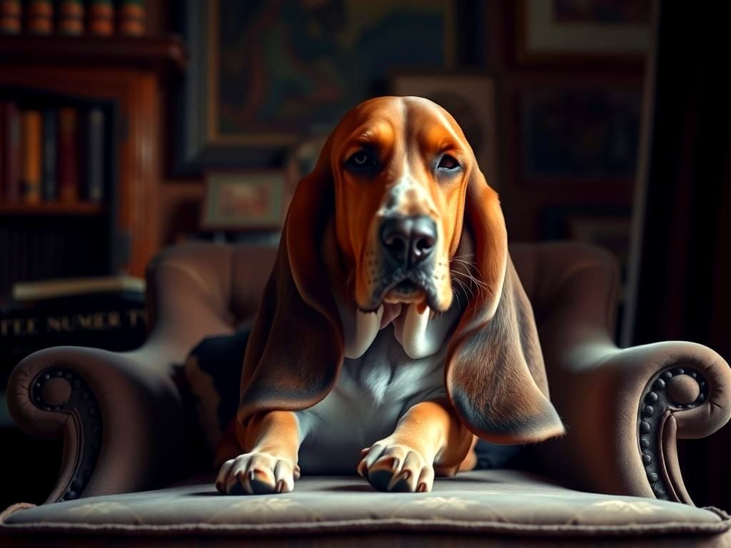 Surreal Basset Hound Relaxing in a Dim Study