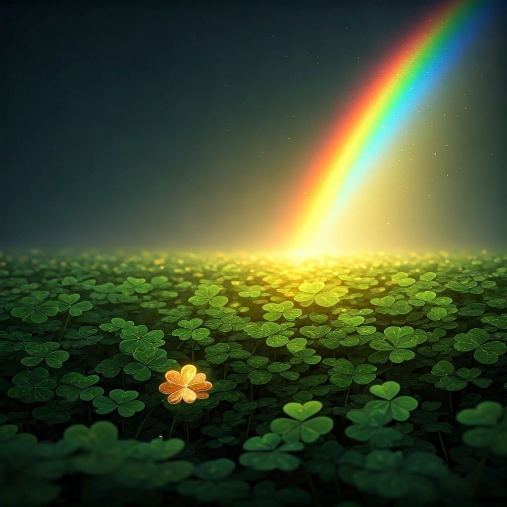 Rainbow Ends in Clover Field with Golden Aura
