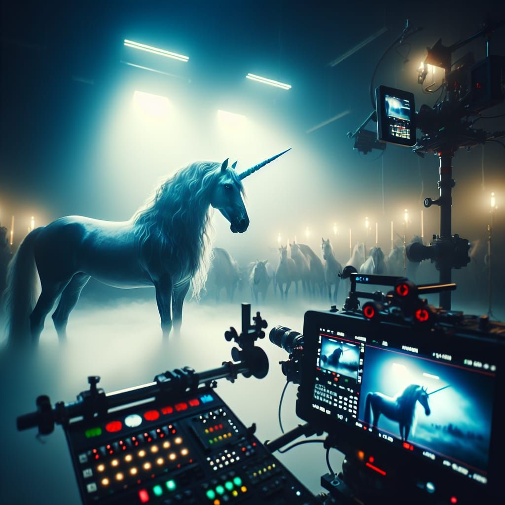 Cinematic Unicorn with Blue Horn in Film Style