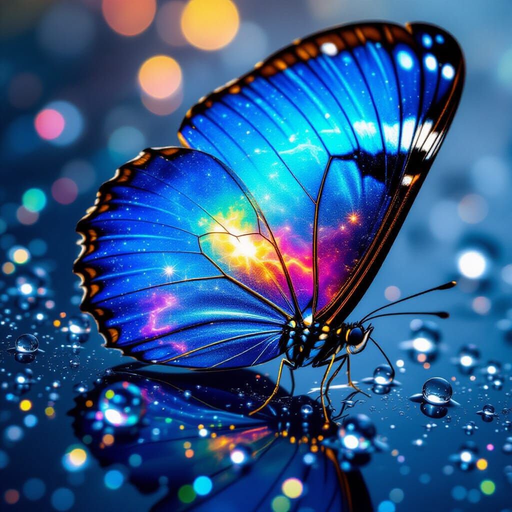 Close-Up Butterfly Wing with Nebula Raindrops in Gold Filame...