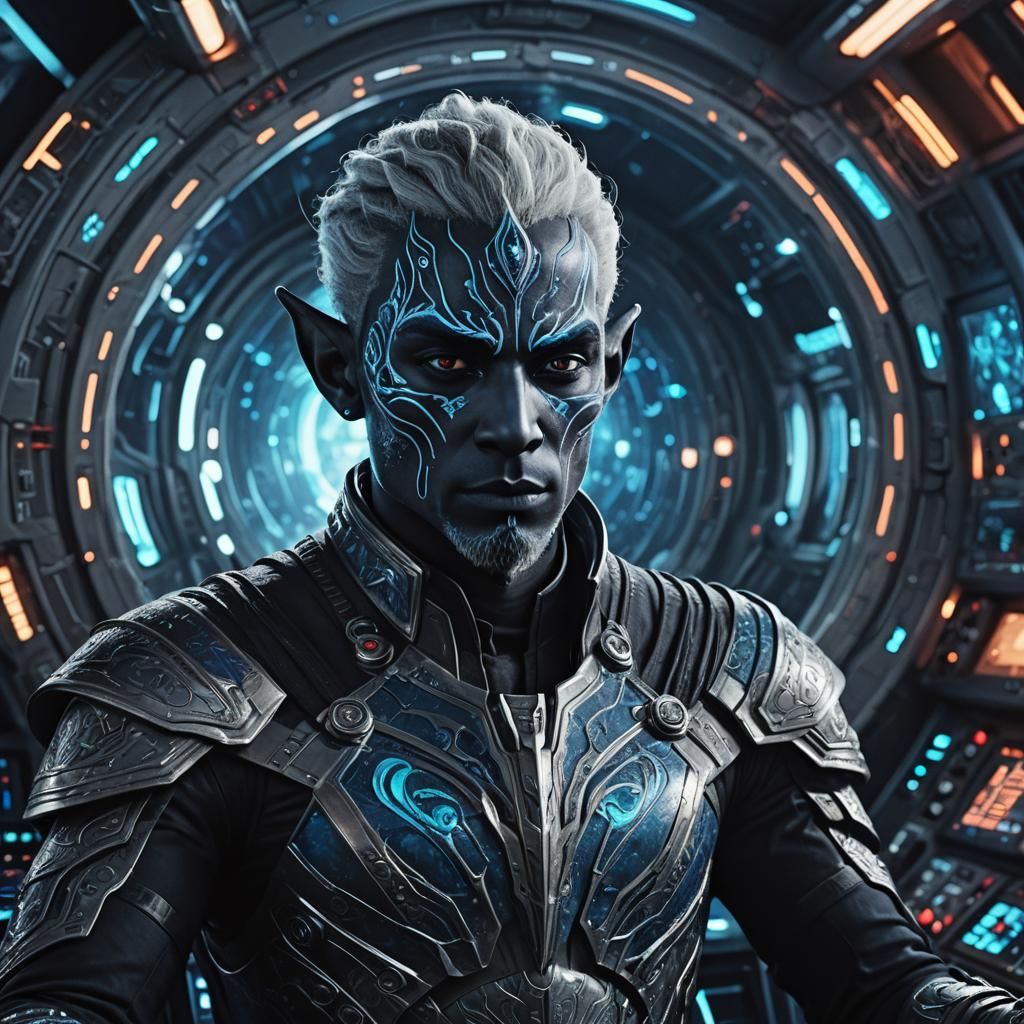Drow Pilot at Spaceship Controls: Detailed Digital Art