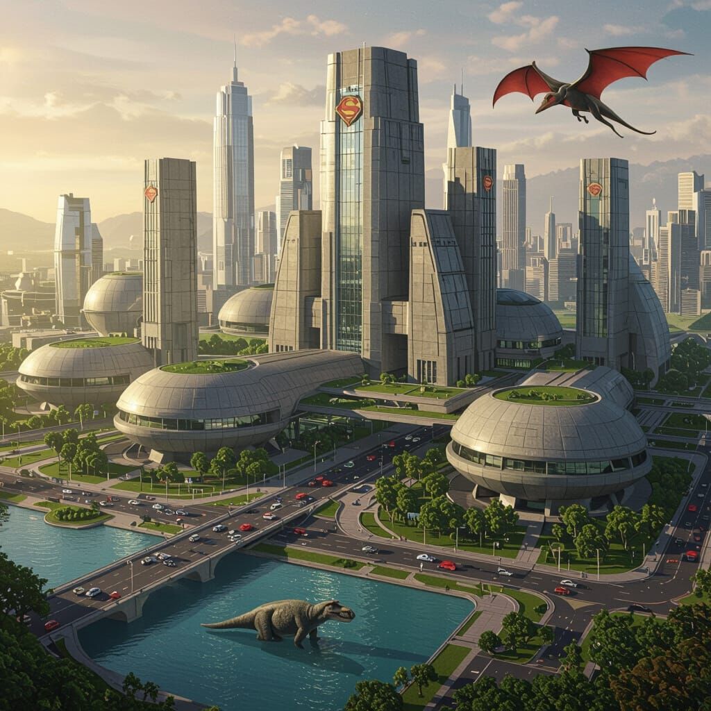 Futuristic Metropolis with Brutalist Architecture and Prehis...