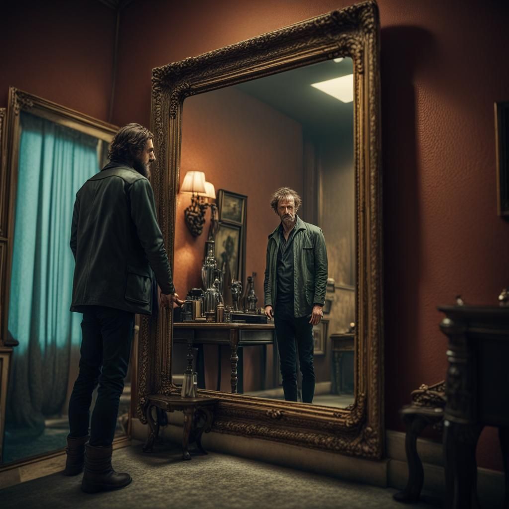 Dramatic Man Stares into Mirror: Cinematic Digital Painting